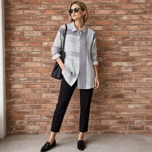 Focus Casual Life Textured Tunic Shirt Small | Metallic Buttons Grey Silver